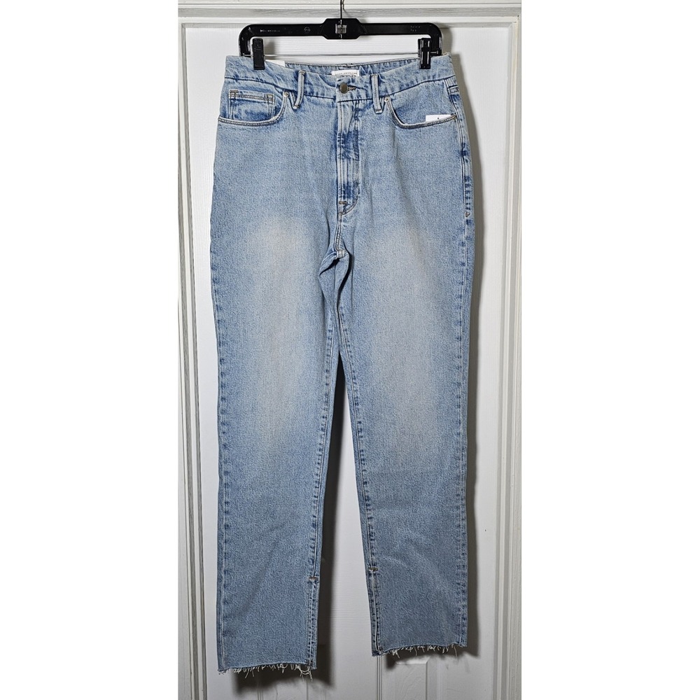 Good American Good Boy Jeans Size 12/31 Boot Slit Raw Hem‎ High Waisted Blue